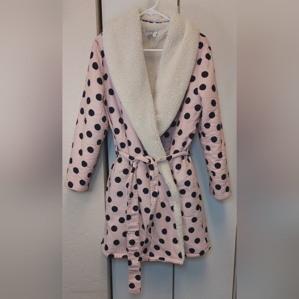 Boden Fuzzy Dressing Gown Robe Size Medium Polka-dot Pink Black Cozy Comfy Warm